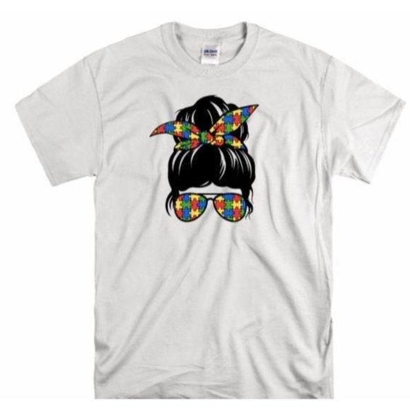 Autism Awareness, Mom, Messy Bun Hair, T Shirt - Picture 1 of 7